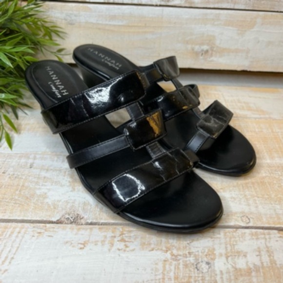 Hannah Womens Ridge Slide Sandals Black Block Heels‎ Slip On Cut Out 10 M - Picture 2 of 12